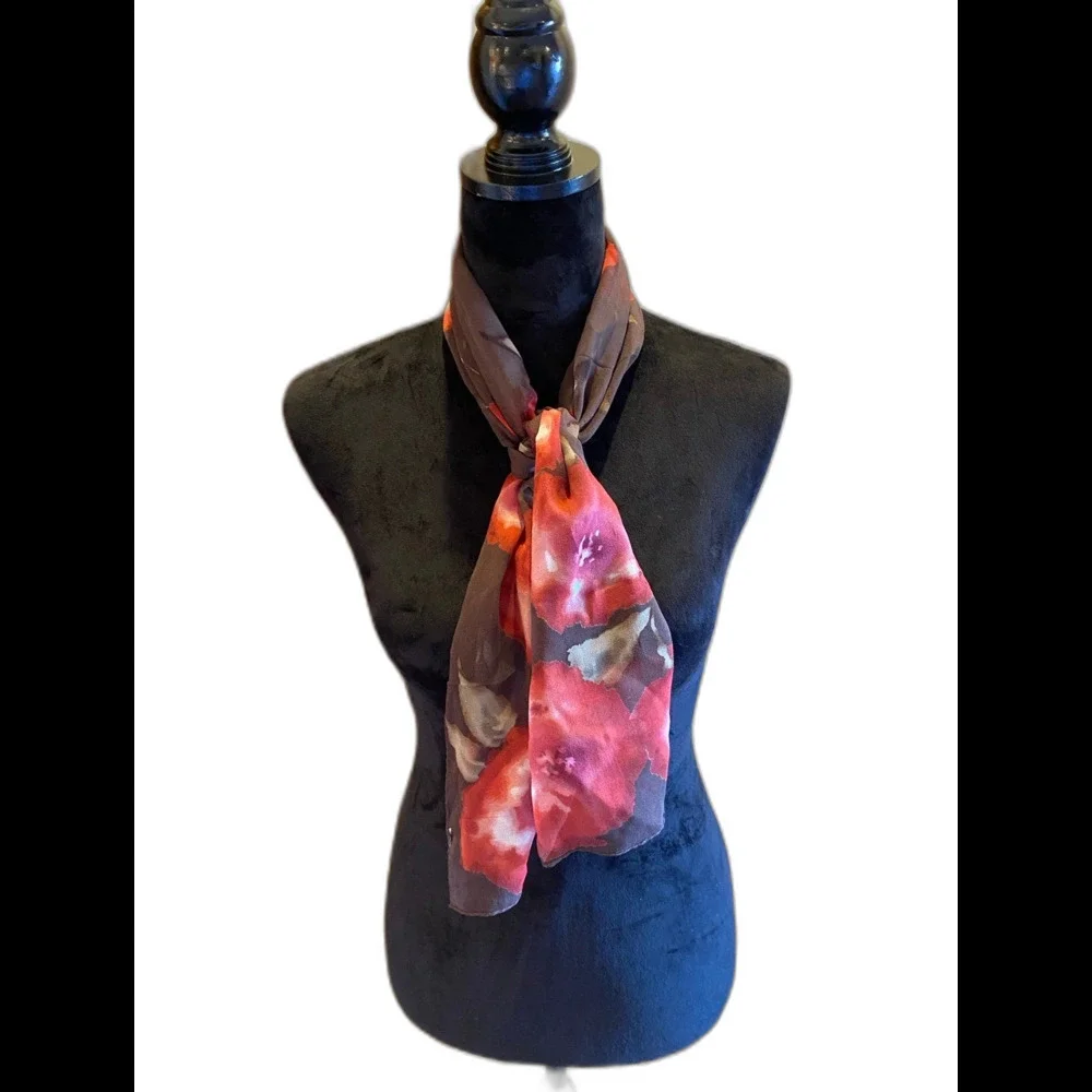 Scarf Silk like ‎ Brown with Dark Orange Flowers Perfect for Spring Versatile